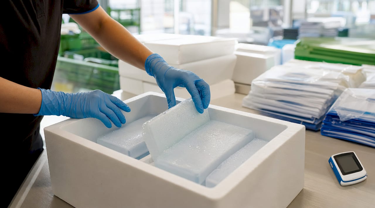 Hands assembling validated cold chain packaging in healthcare