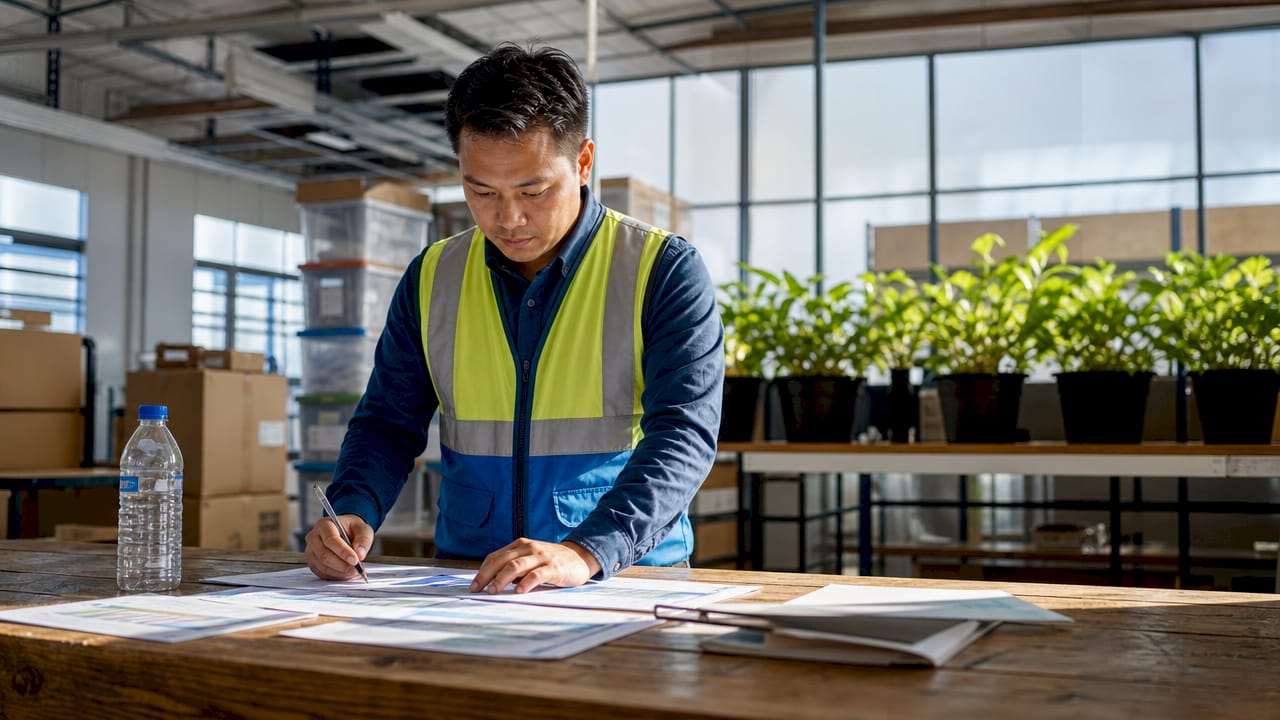Warehouse manager reviewing inventory documents