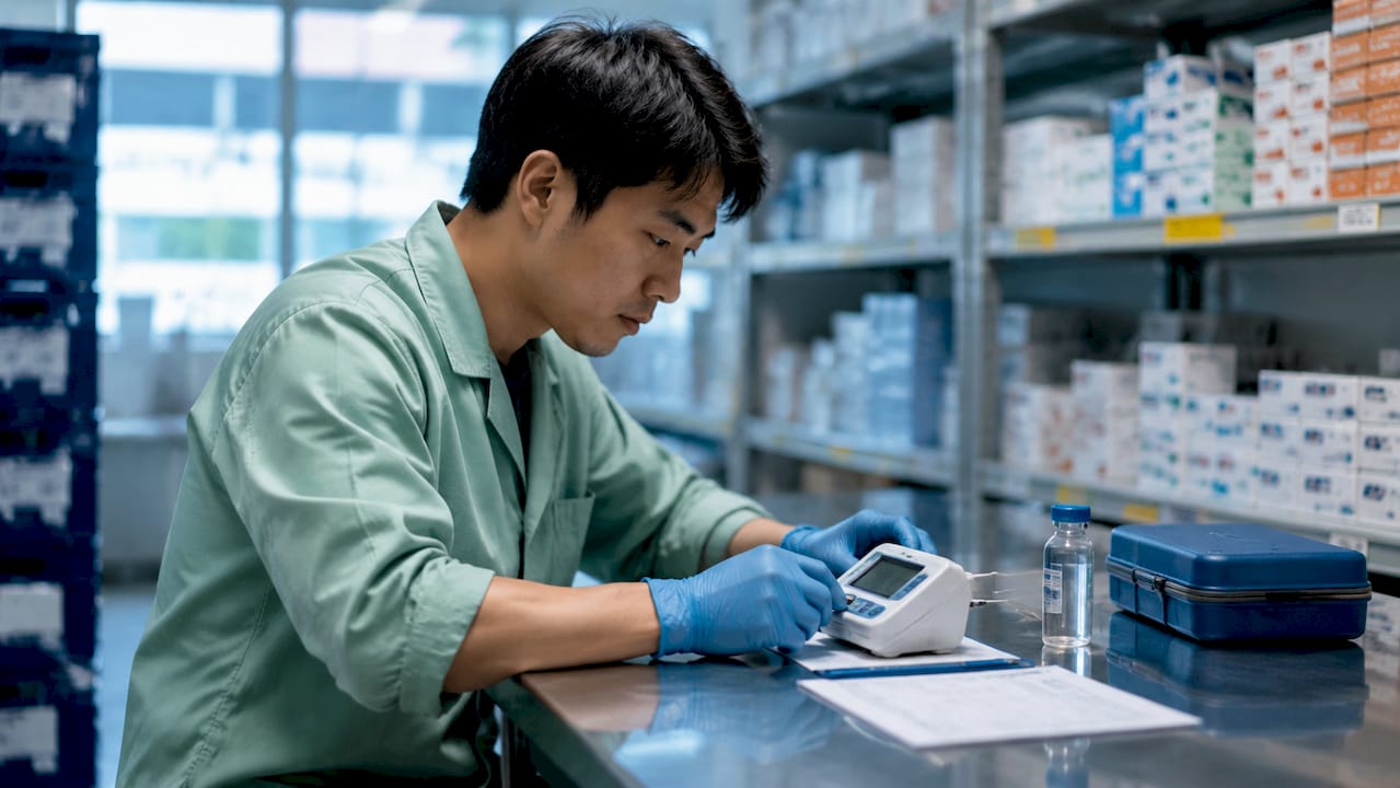 Hands calibrating temperature logger in healthcare logistics