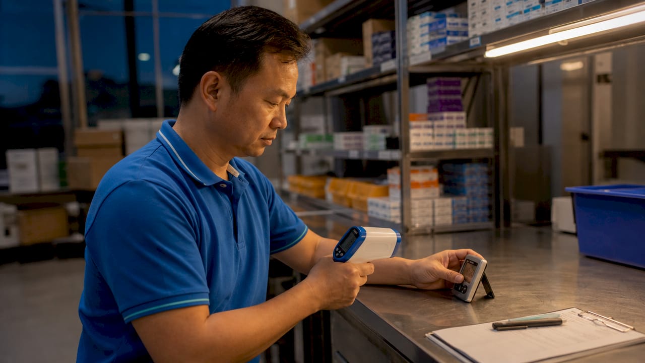 Hands calibrating temperature logger device