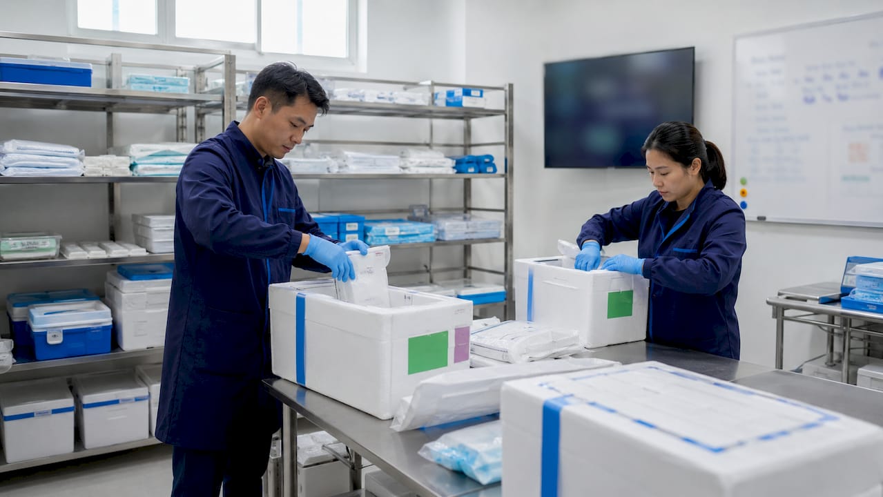 Technicians packing CRT insulated coolers in pharma center