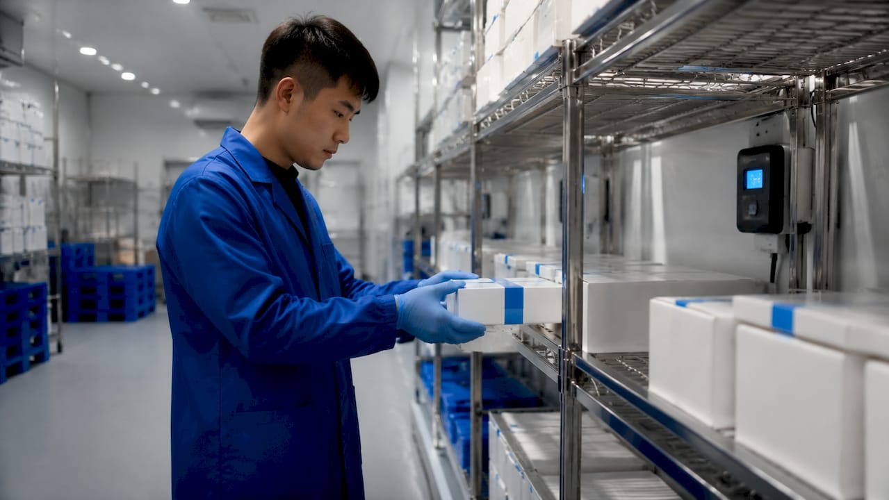 Hands handling temperature-controlled pharmaceutical packages