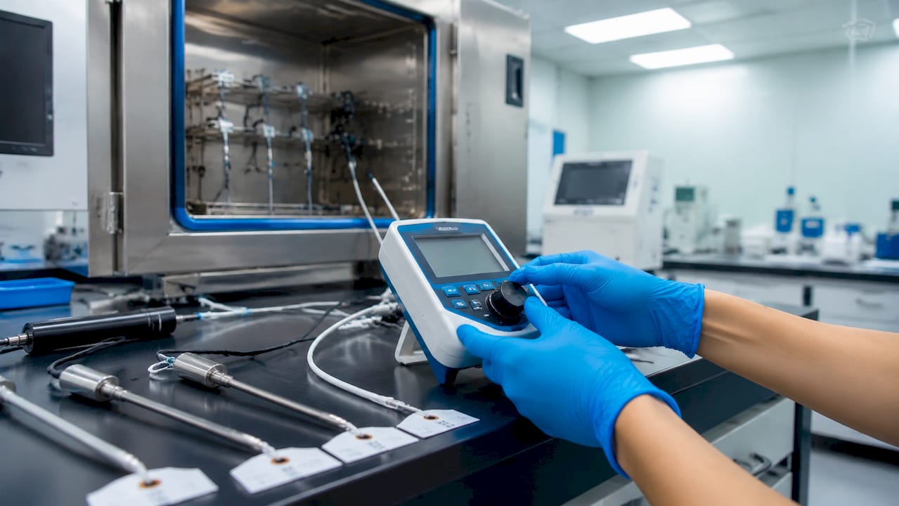 Hands calibrating temperature data logger in lab