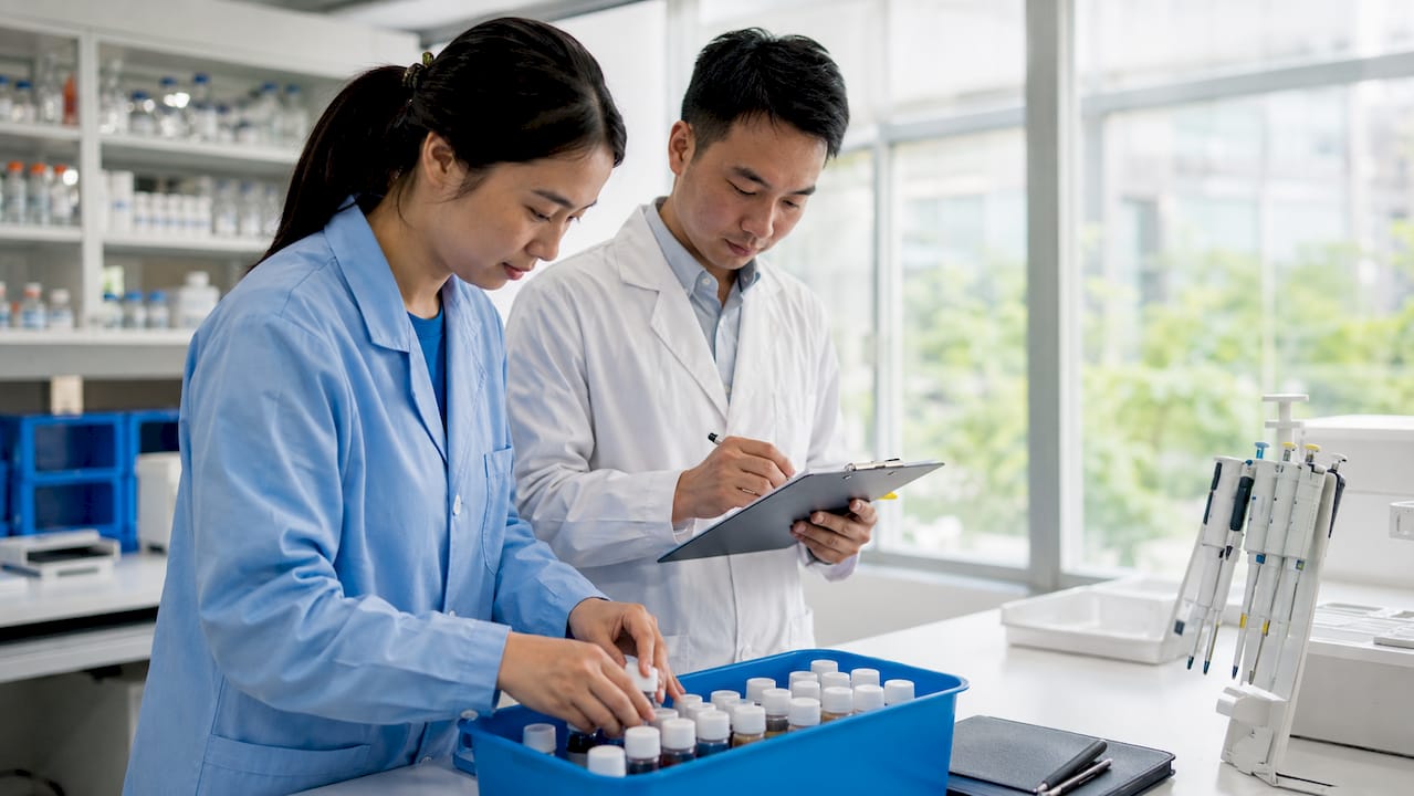 Hands organizing reagent bottles on lab bench