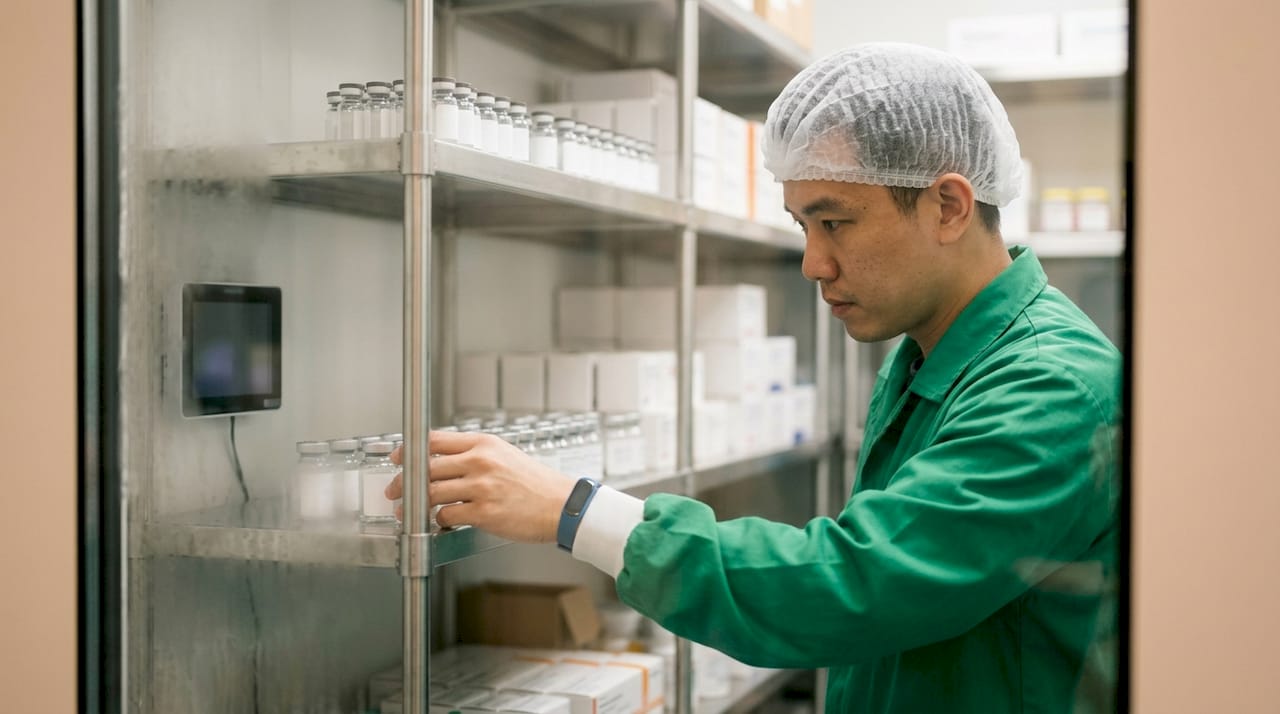 Technician checking cold chain pharmaceutical storage