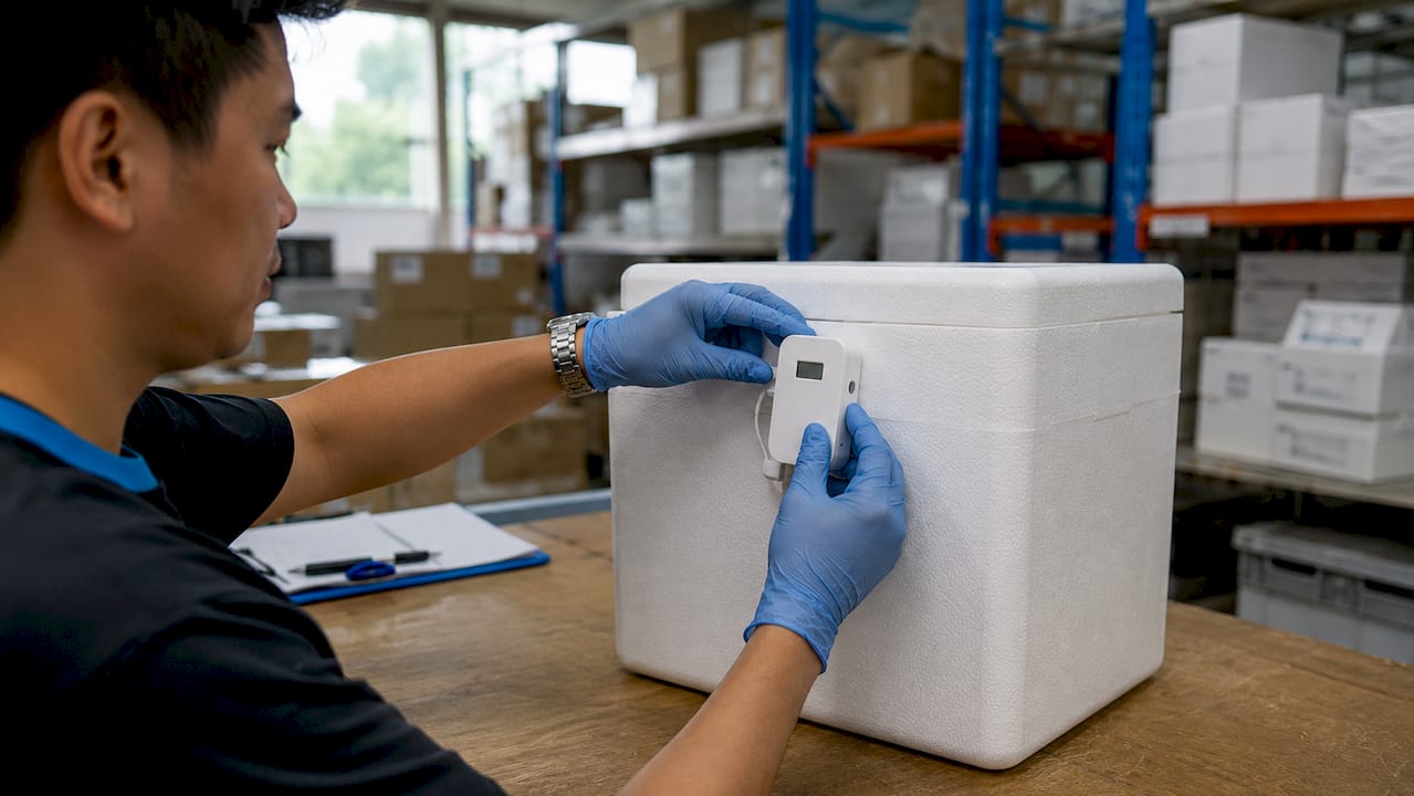 Hands adjusting cold chain temperature logger on shipment box