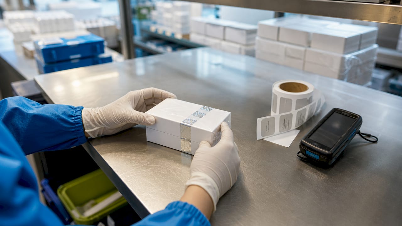 Hands securing pharmaceutical package with seals
