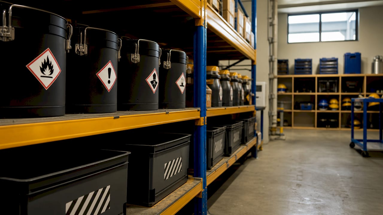 Storage area with explosion-proof containers in warehouse