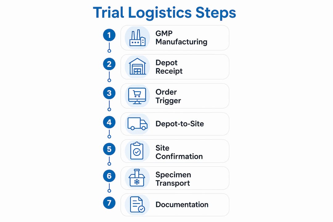 Infographic showing clinical trial logistics workflow steps