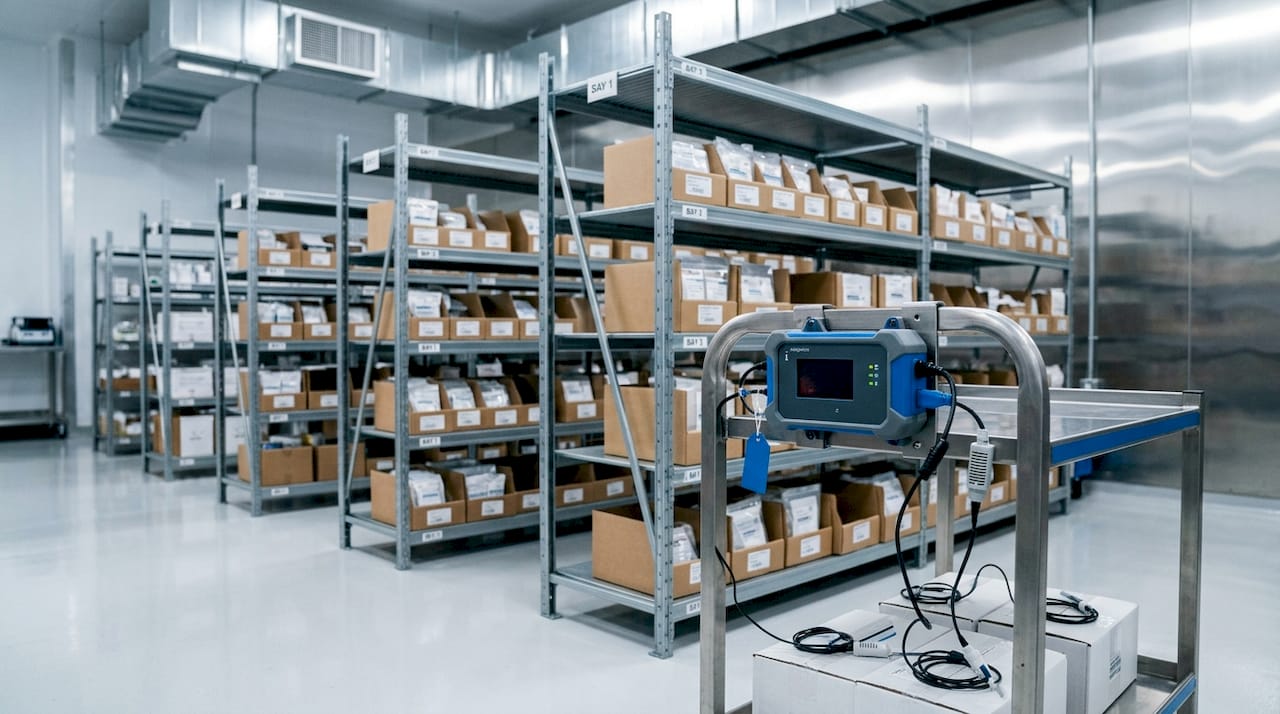 Temperature-controlled pharma warehouse with cold chain devices