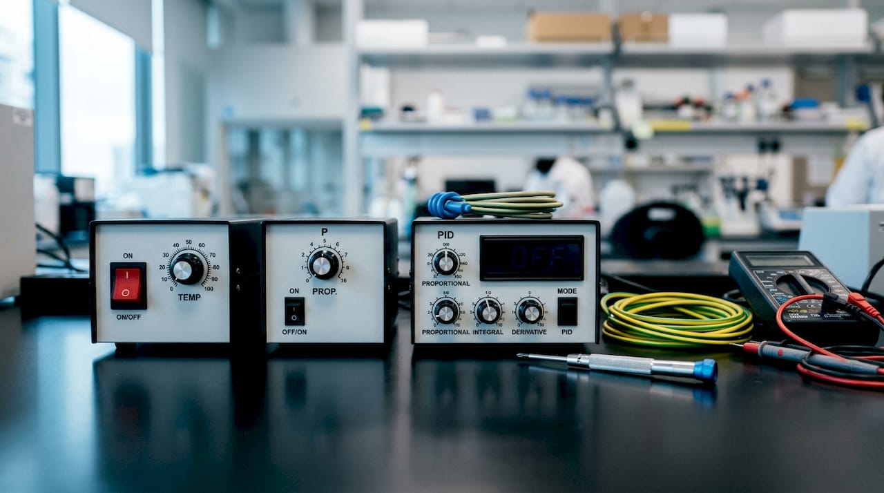 Close-up of three temperature controllers and tools