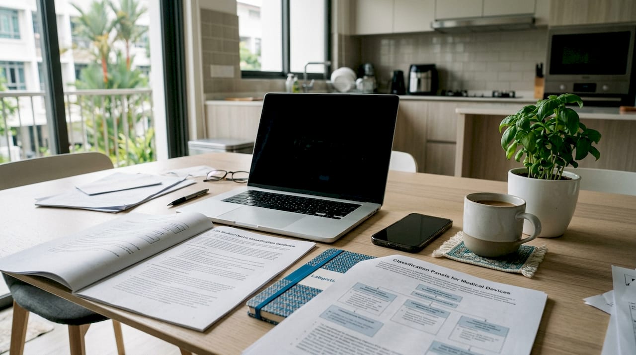 Desktop with FDA classification documents and devices