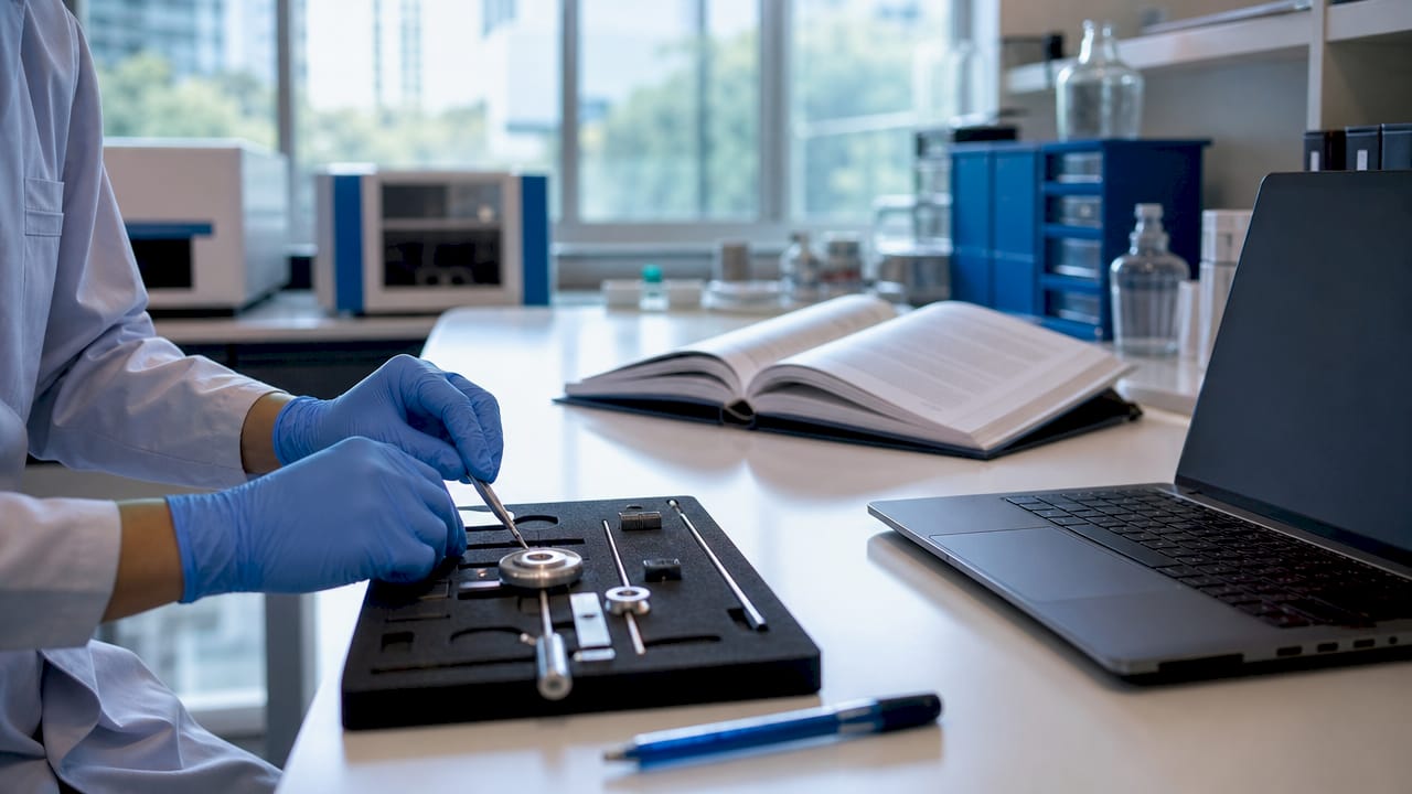 Hands typing at medical device compliance station