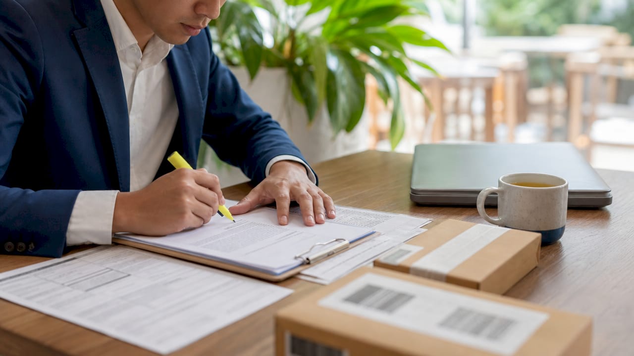 Hands reviewing compliance documents on conference table