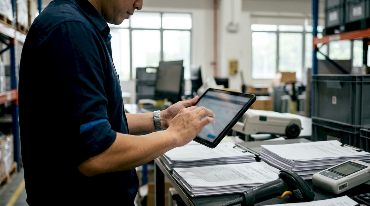 Hands operating temperature monitoring tablet at logistics desk
