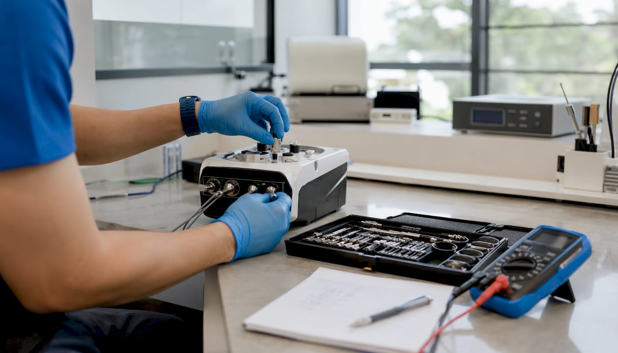 Technician's hands adjusting medical device in lab
