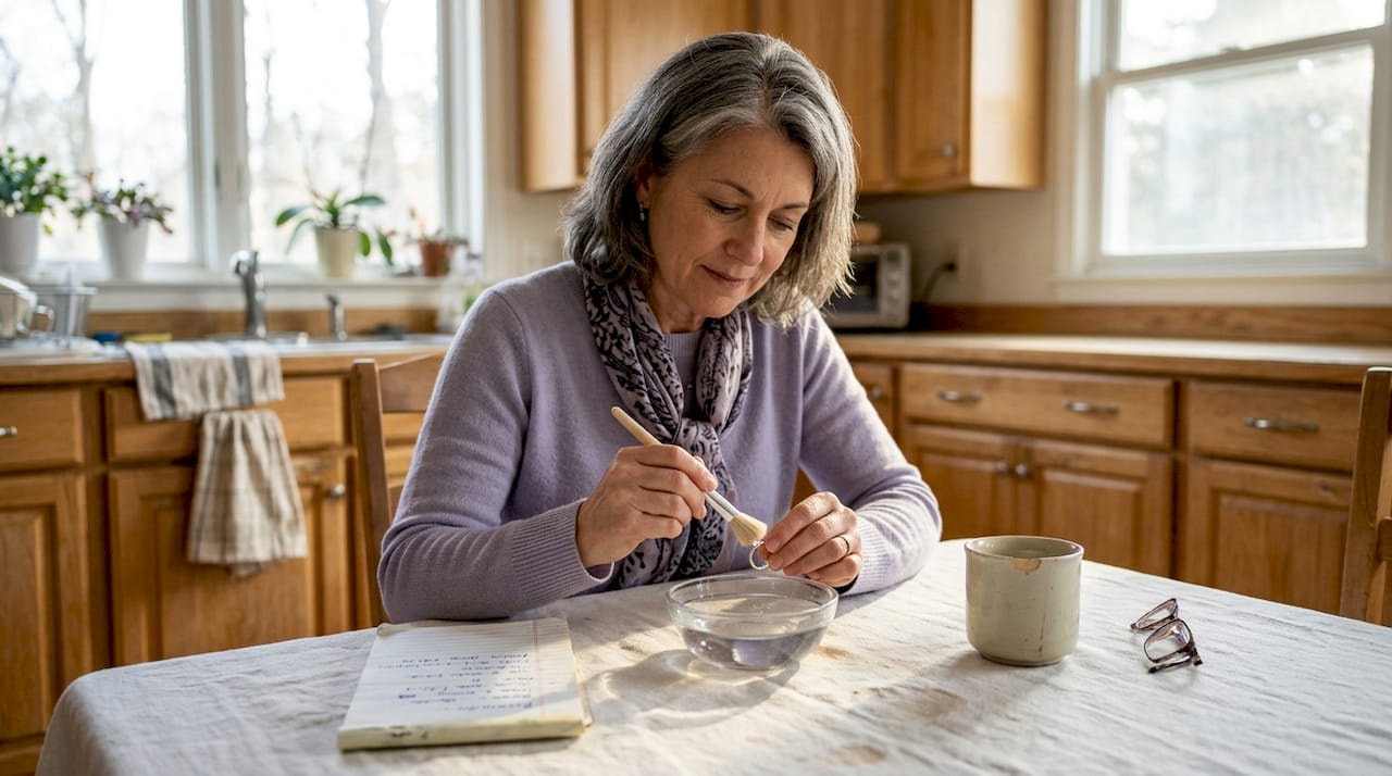 Woman cleaning diamond ring in kitchen