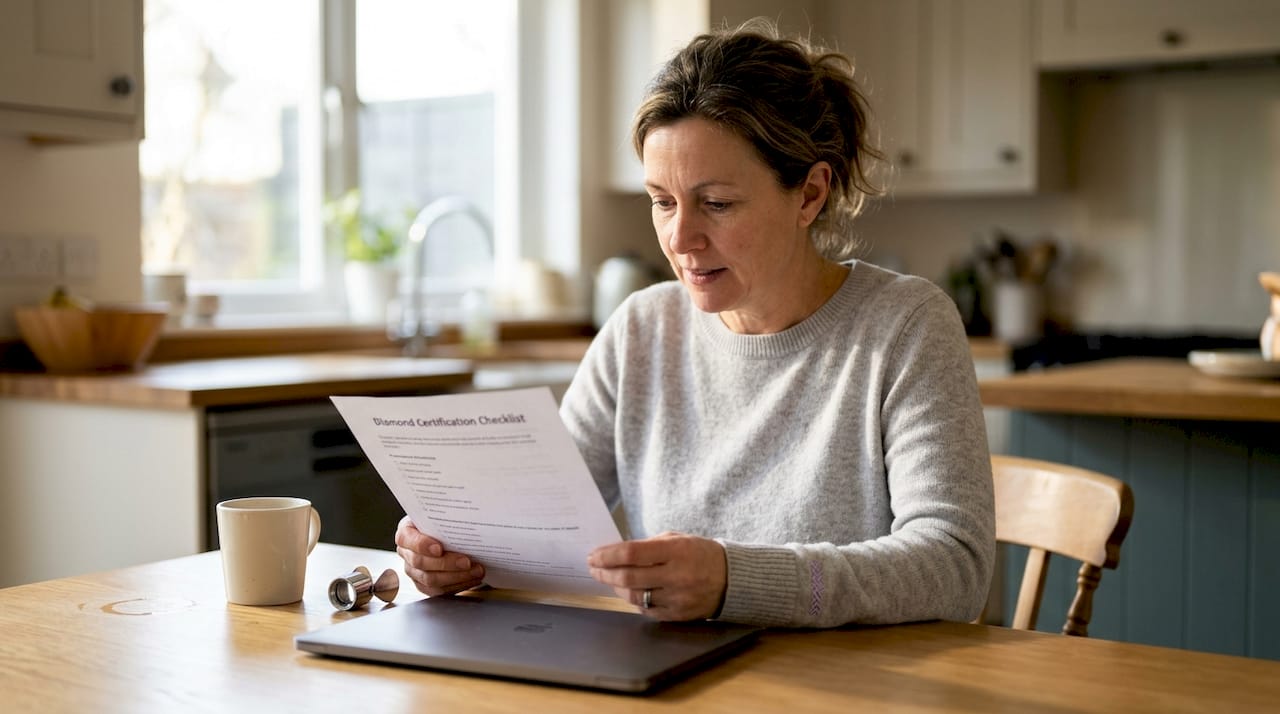 Woman reviewing diamond checklist at kitchen table