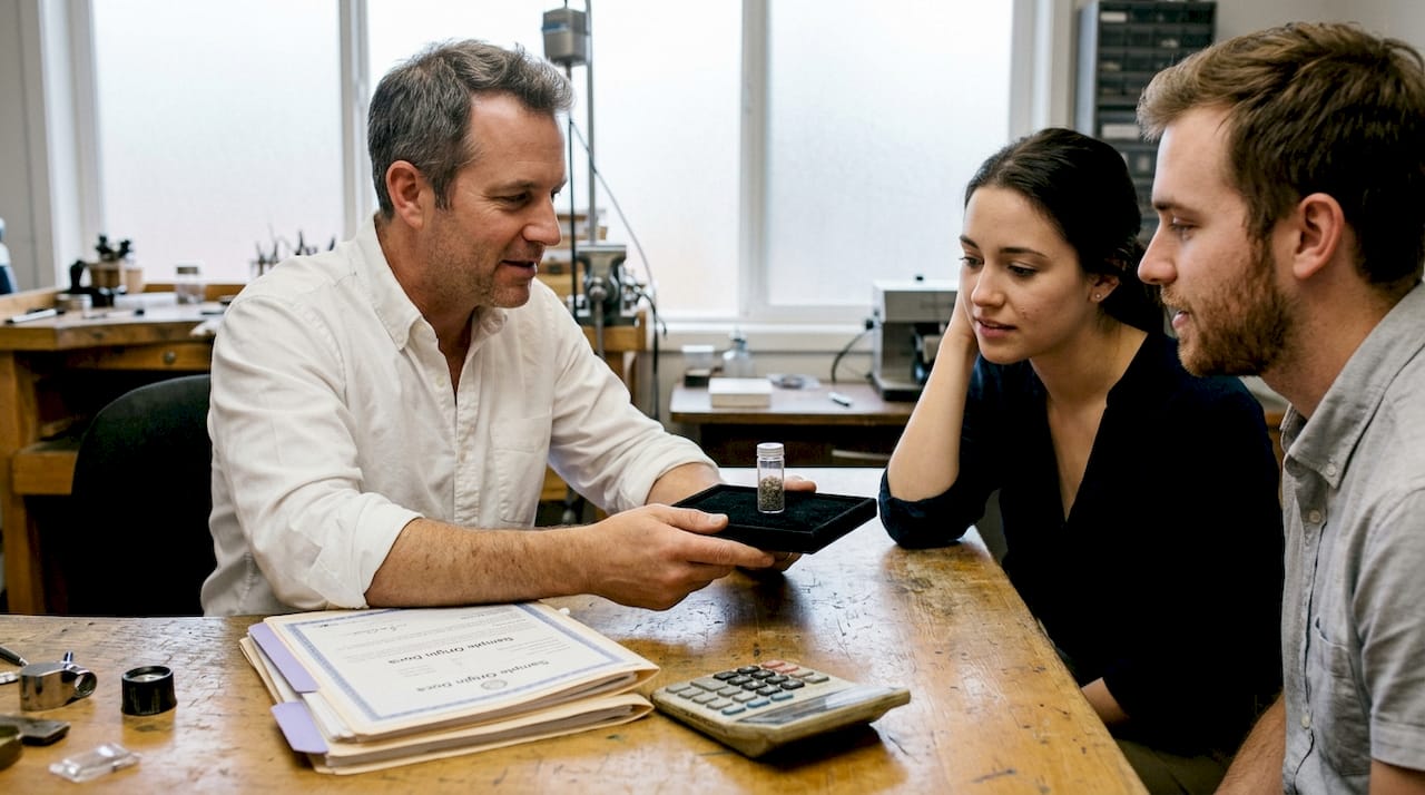 Jeweler consulting couple about DNA diamond