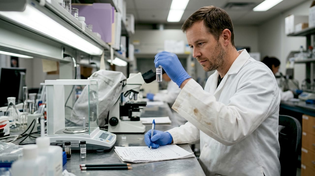 Lab technician inspecting carbon sample for diamond