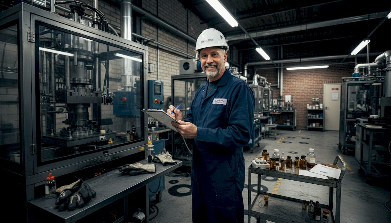 Technician reviewing diamond creation equipment process