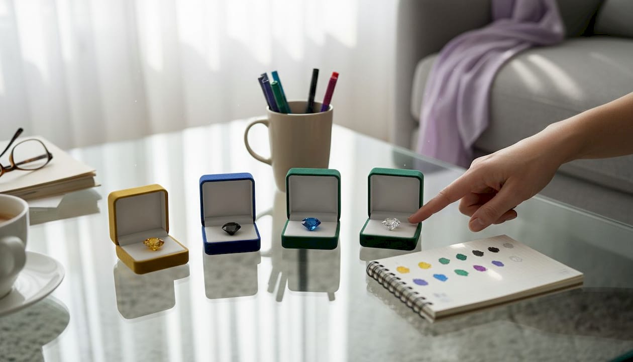 Variety of colorful memorial diamonds on table