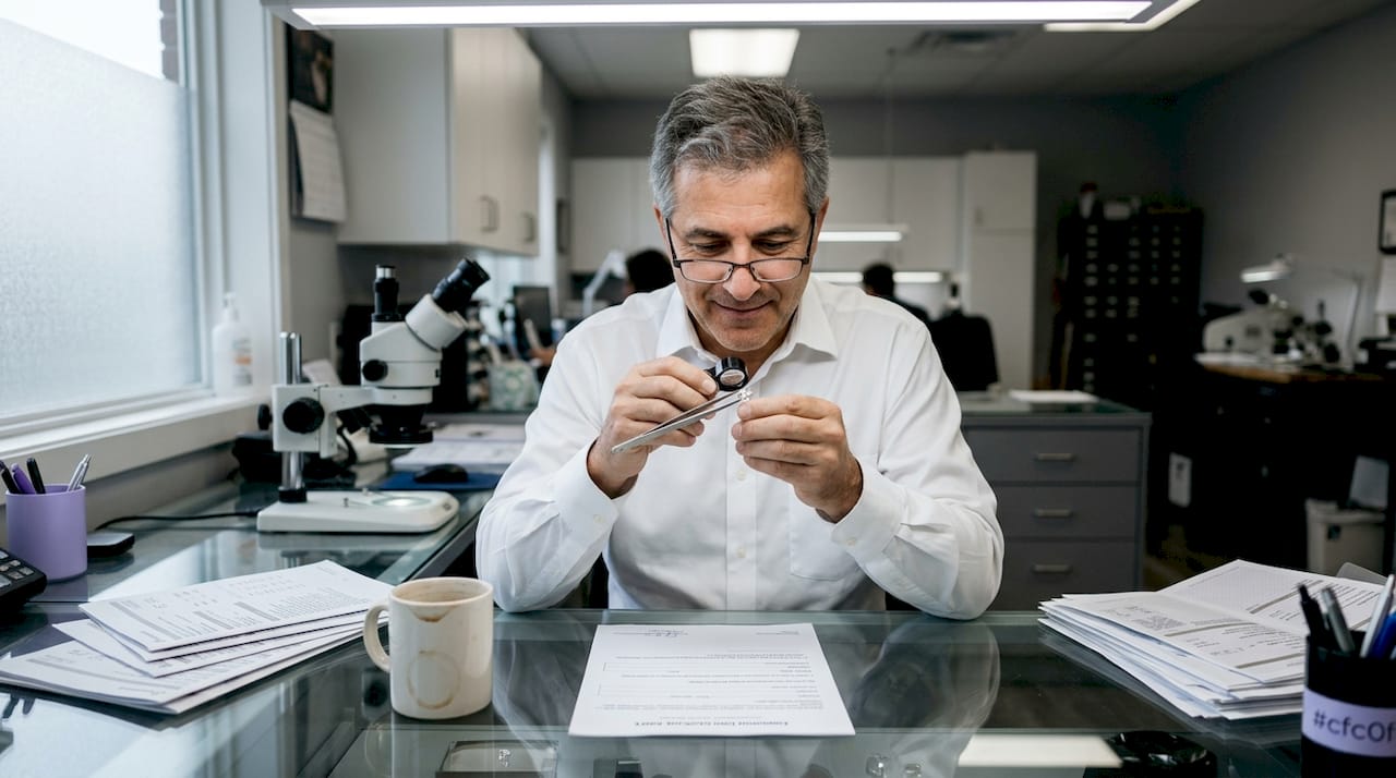Gemologist inspecting diamond in grading lab