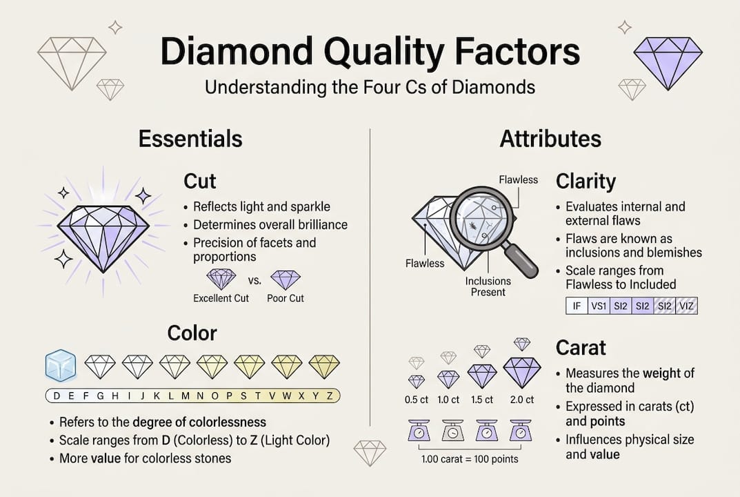 Infographic with four Cs of diamond quality