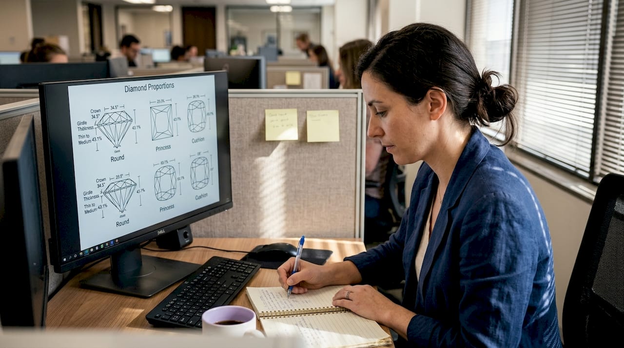 Woman studying diamond chart at workstation