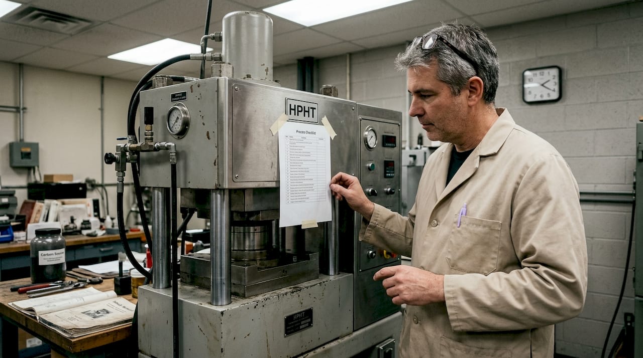 Technician using HPHT press for diamond growth