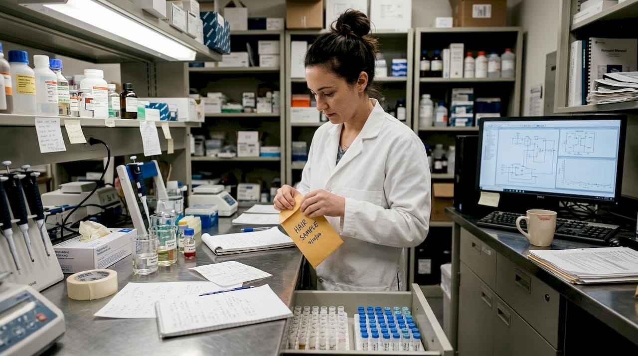Lab technician handling hair sample for diamonds