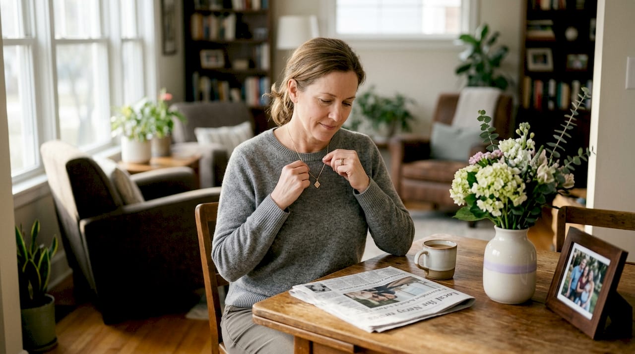 Woman touching memorial diamond necklace at home
