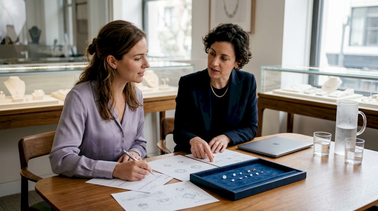 Client and consultant review diamond sketches