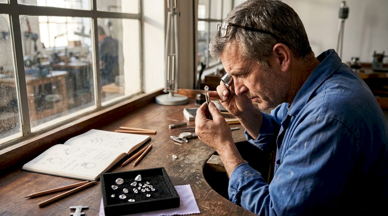 Artisan inspecting diamond at workbench