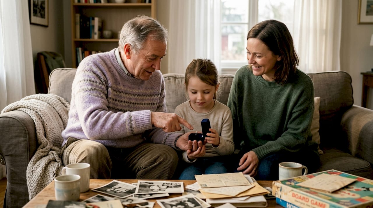 Three generations sharing family diamond moment
