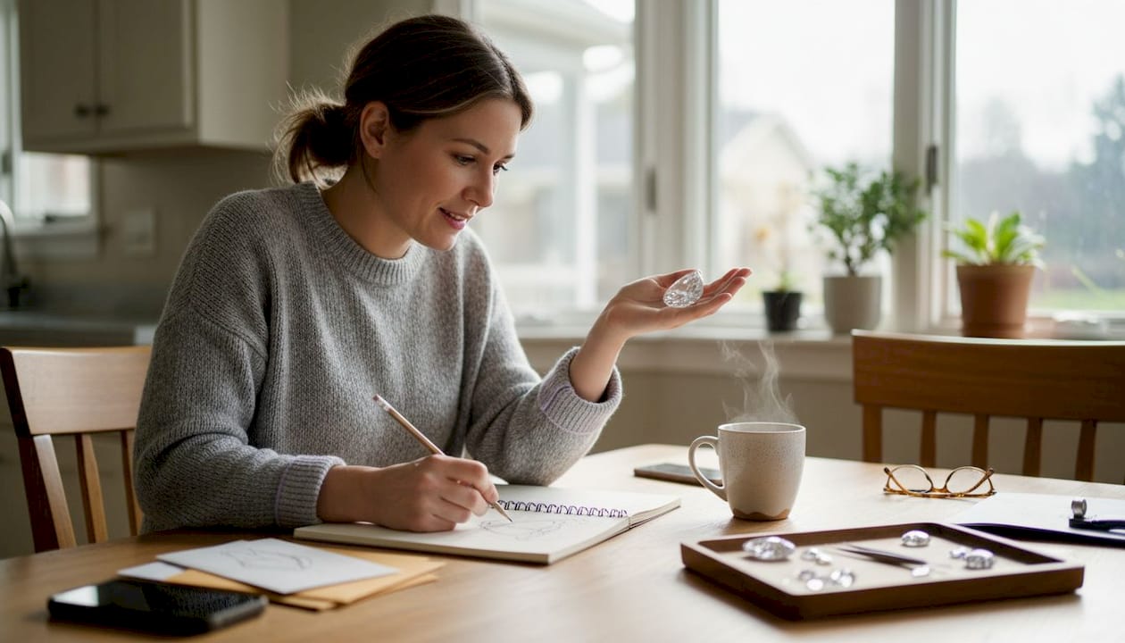 Woman sketching custom diamond ideas at table