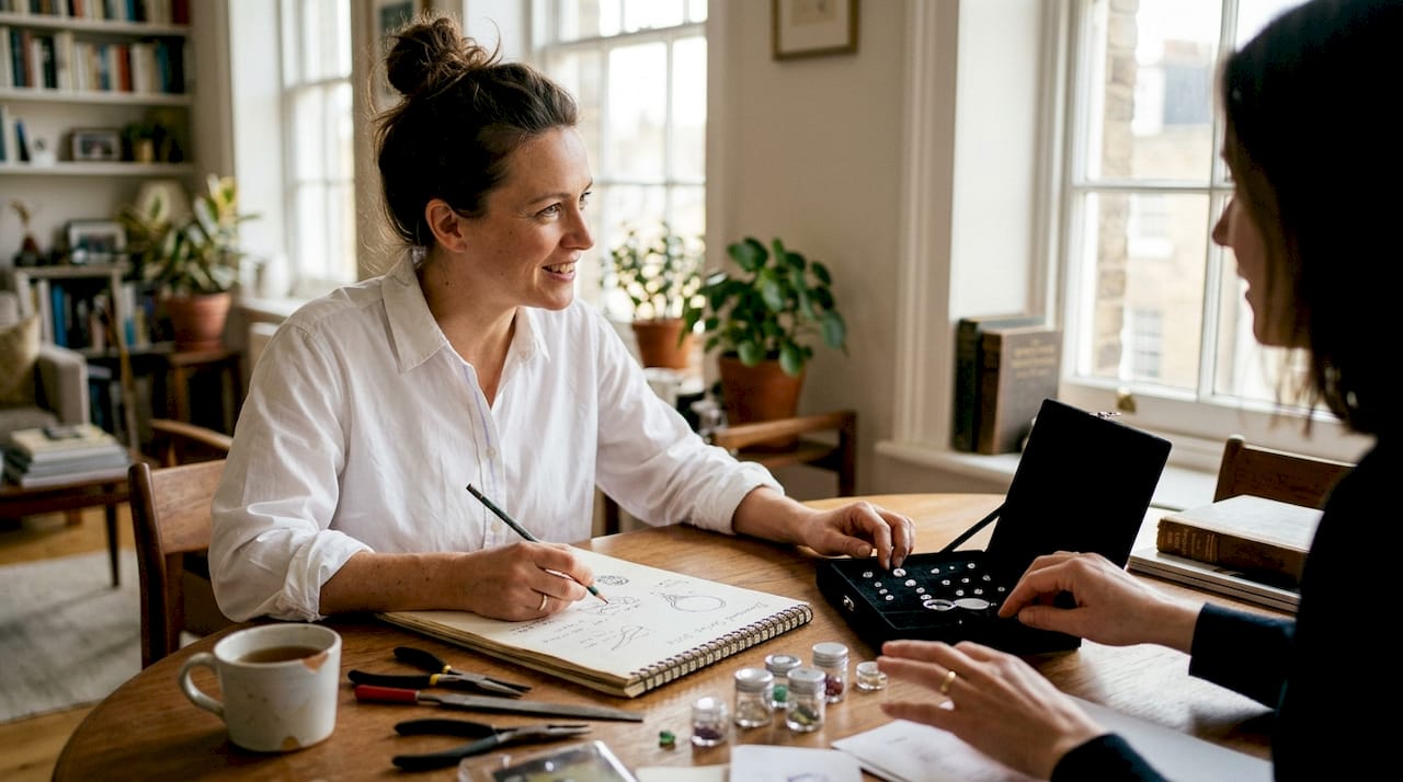 Designer consulting client on diamond gifts