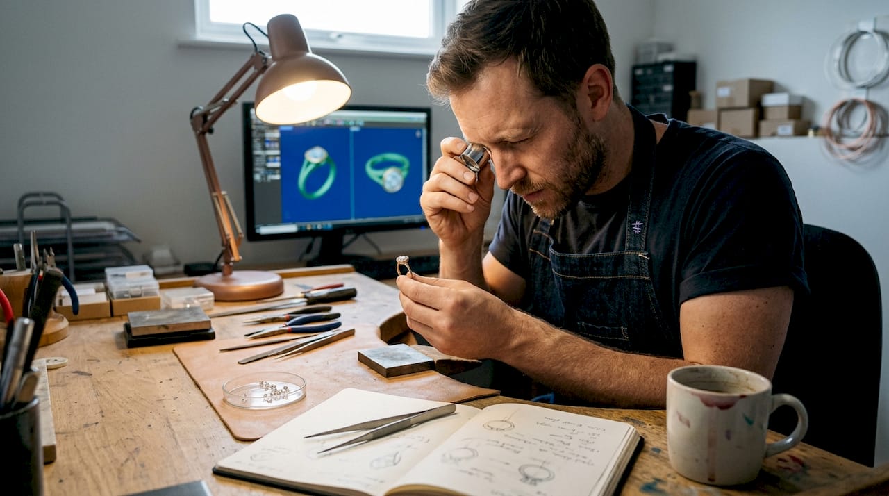 Jewelry artisan inspecting diamond ring design