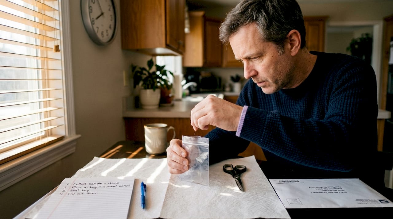 Man collecting hair sample at kitchen table