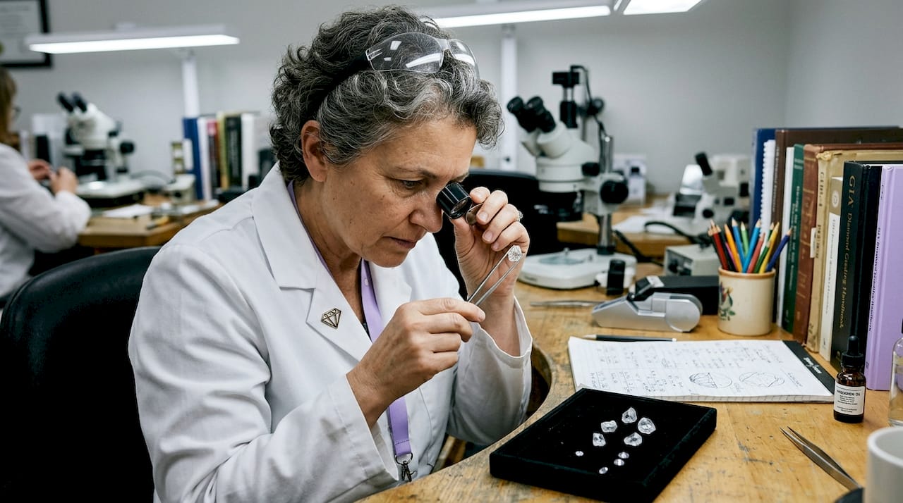 Gemologist examining lab-grown diamond at workbench