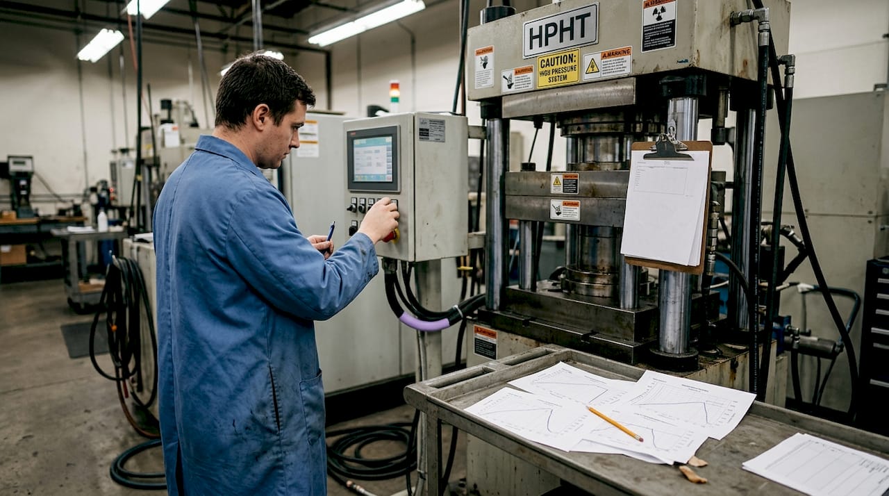 Technician monitoring HPHT diamond press in lab