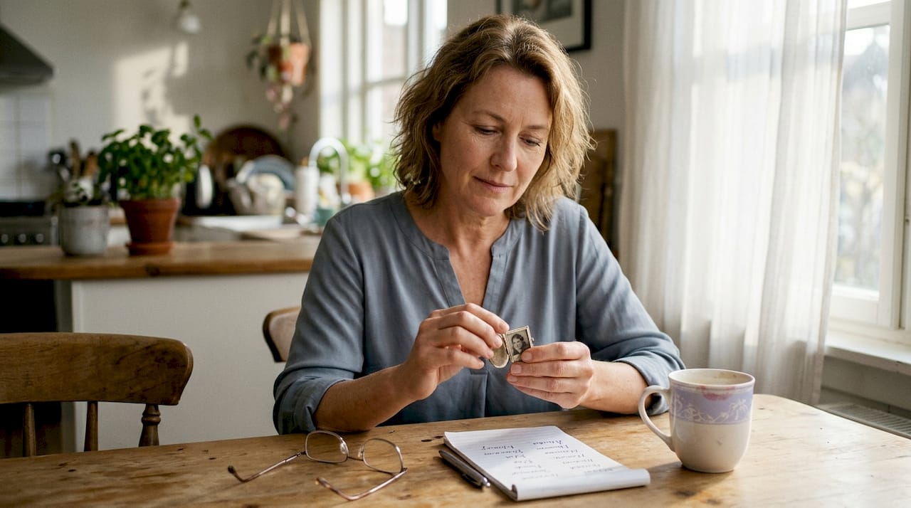 Woman opening memorial locket at kitchen table