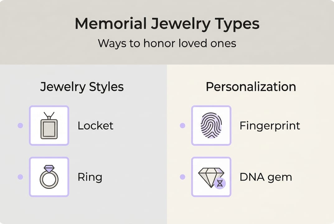 Infographic about memorial jewelry types and personalization