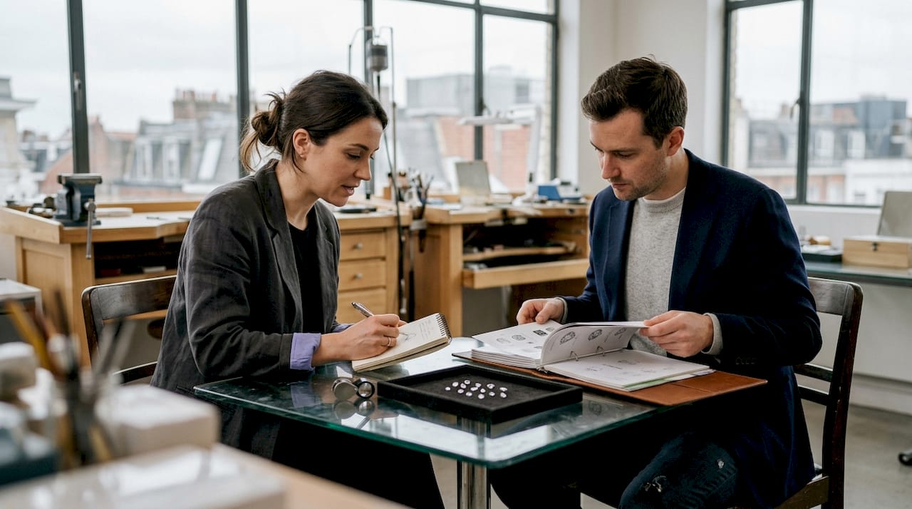 Jeweler and client in diamond consultation
