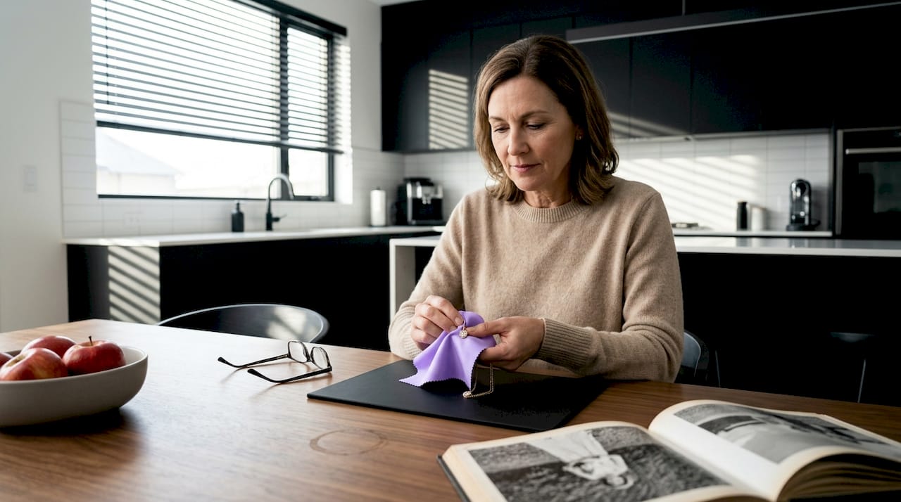 Woman polishing memorial diamond pendant at kitchen table