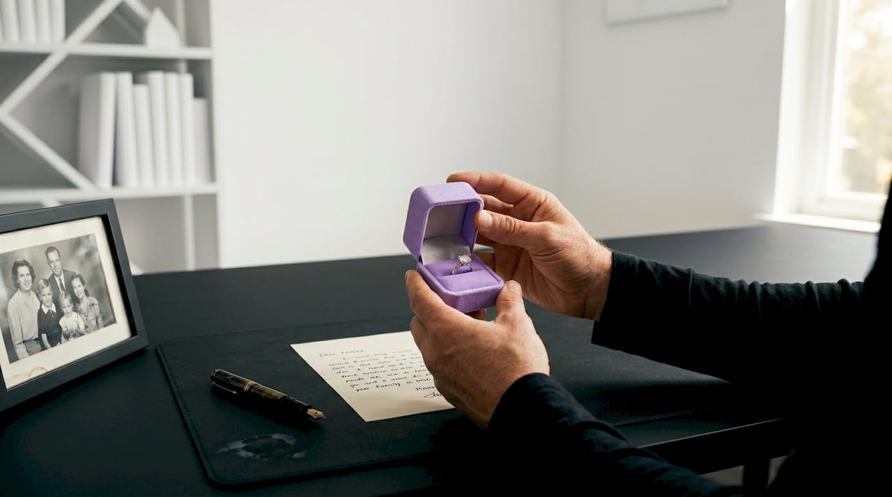 Hands holding diamond keepsake ring in jewelry box