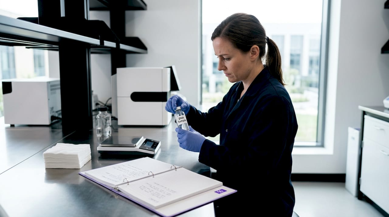 Scientist handling DNA vial in well-lit laboratory