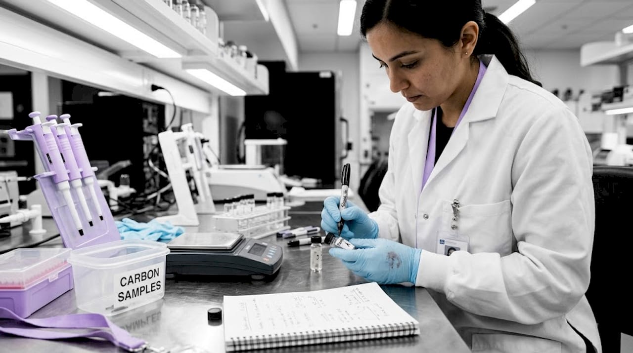Technician labeling carbon sample in laboratory