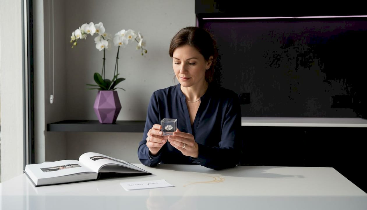 Woman examining memorial diamond by kitchen window