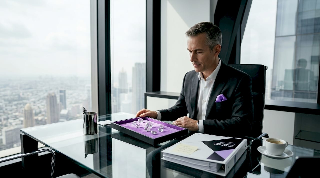 Wealth advisor reviews loose diamonds in office